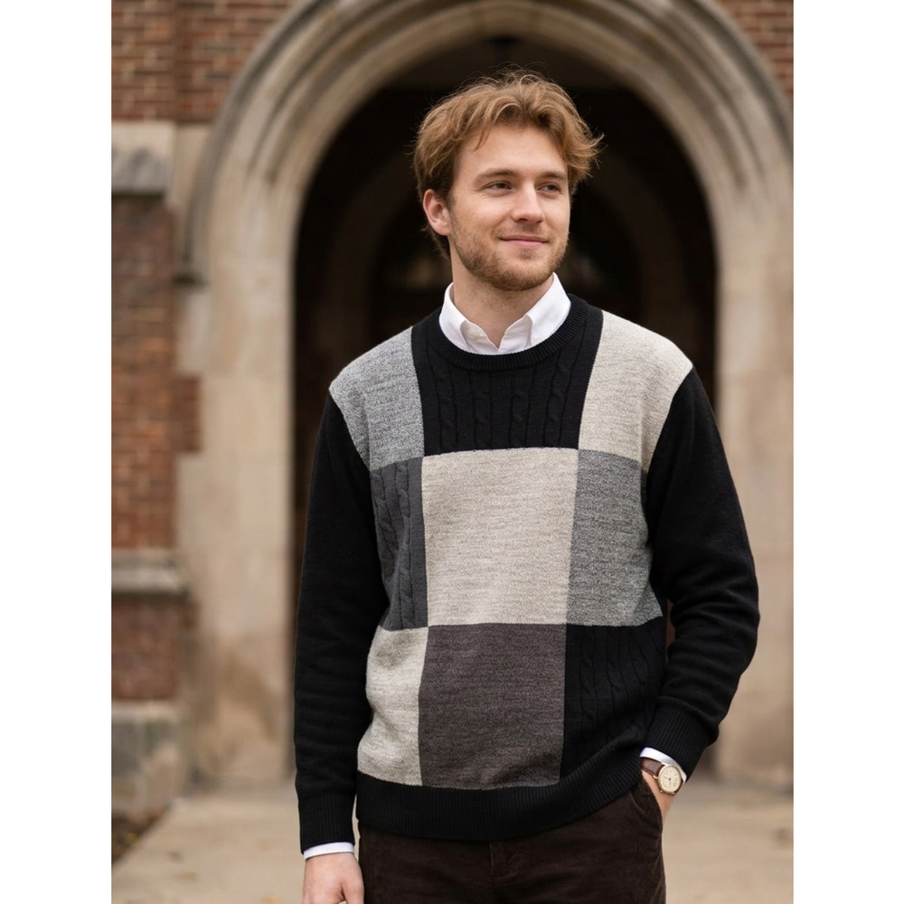 Geoffrey Beene Colorblock Geometric Cable Knit Crewneck Sweater Black Grey L